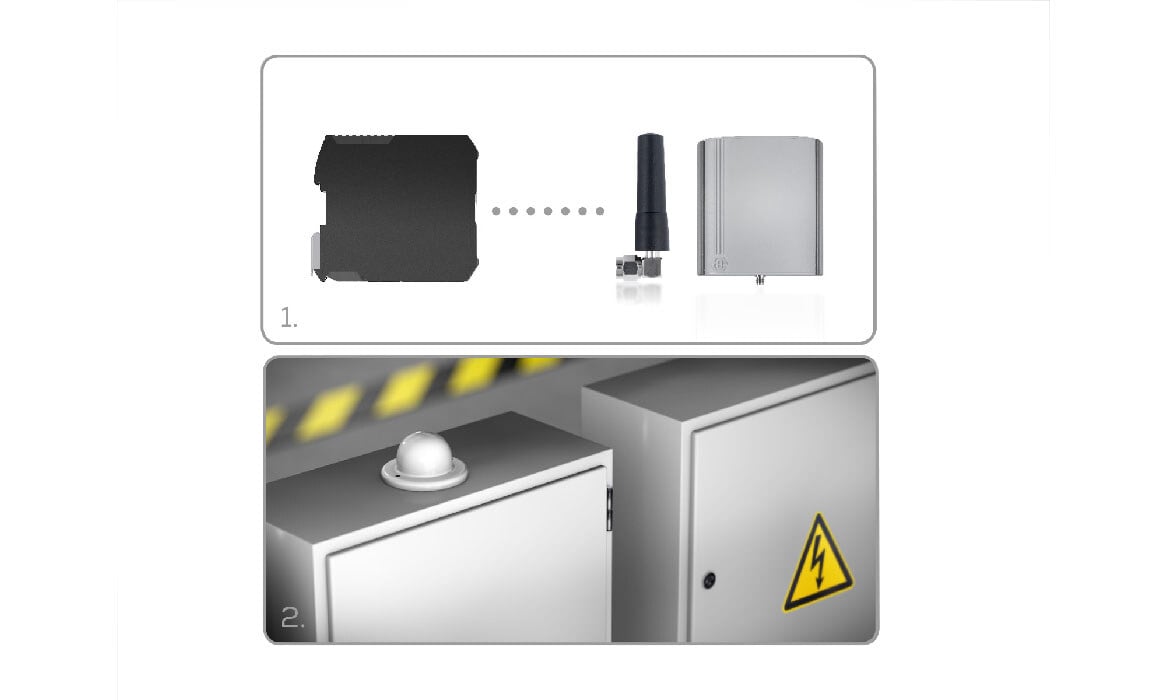 Illustration of an antenna installation with control unit and warning cabinet - Antenna technology from Schildknecht AG