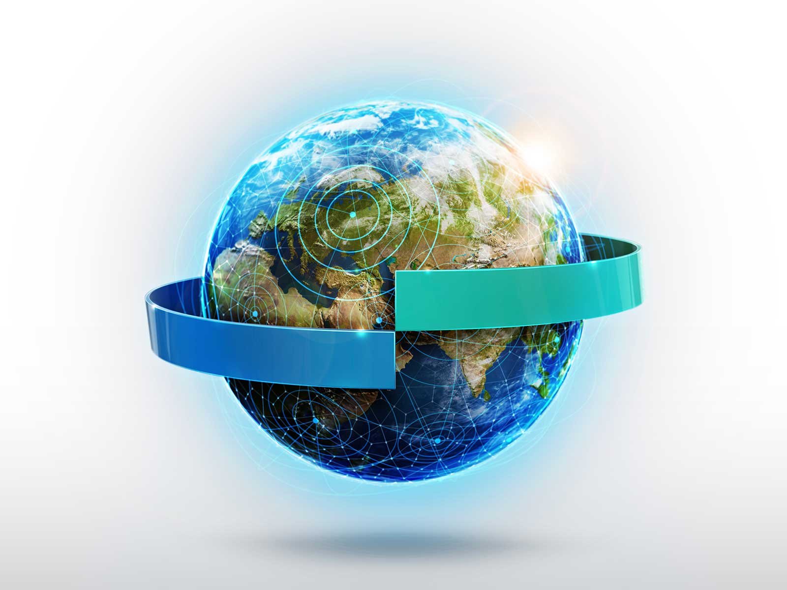 Stylized globe with blue ribbons - symbol for global networking and industrial wireless of Schildknecht AG