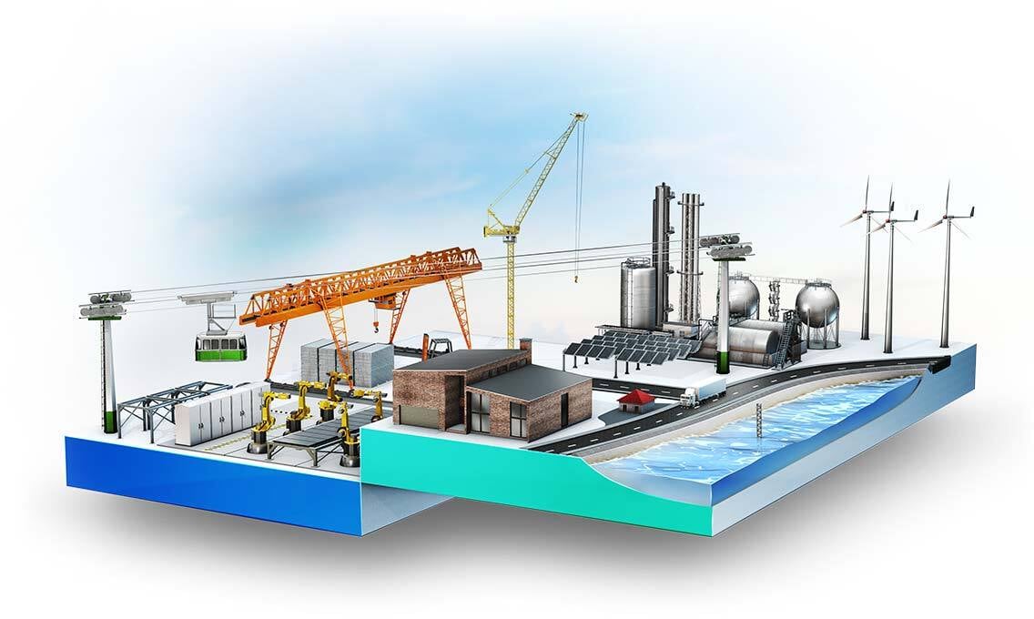 Industrial scene with factories, cranes, robots, wind turbines and waterway - Header image team page of Schildknecht AG