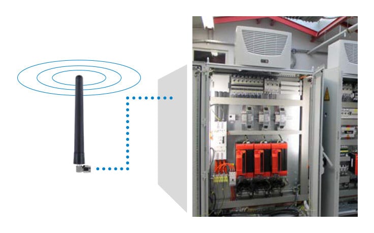 Antenna transmits signals next to switch cabinet with electronics - Illustration of antenna technology from Schildknecht AG