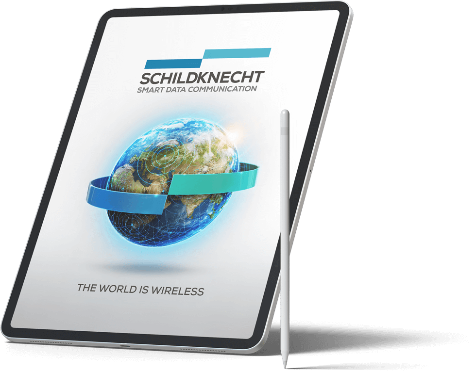Tablet with globe and Schildknecht logo as symbol image for the download of the image brochure 