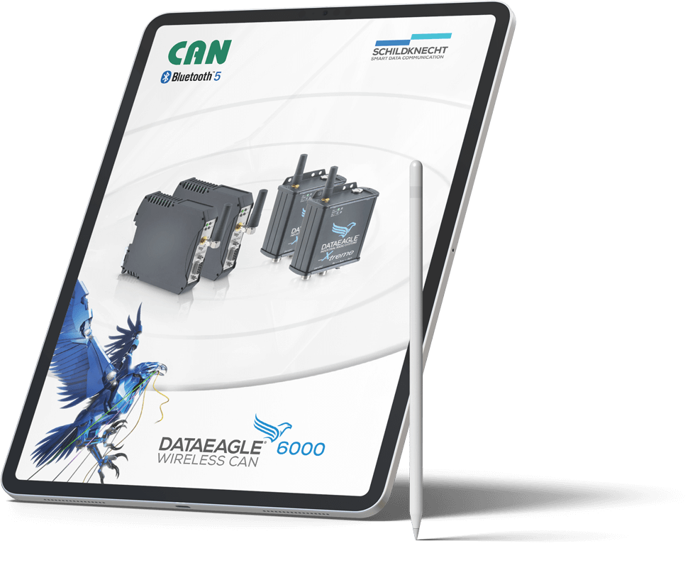 Tablet advertises the download of the Wireless CAN product catalog with solutions from Schildknecht AG