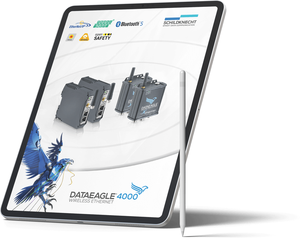 Tablet with eagle symbol advertises the download of the Wireless Ethernet product catalog with solutions from Schildknecht AG
