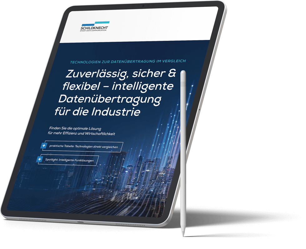 Tablet bewirbt den Download des Whitepapers Technologien zur Datenübertragung im Vergleich der Schildknecht AG