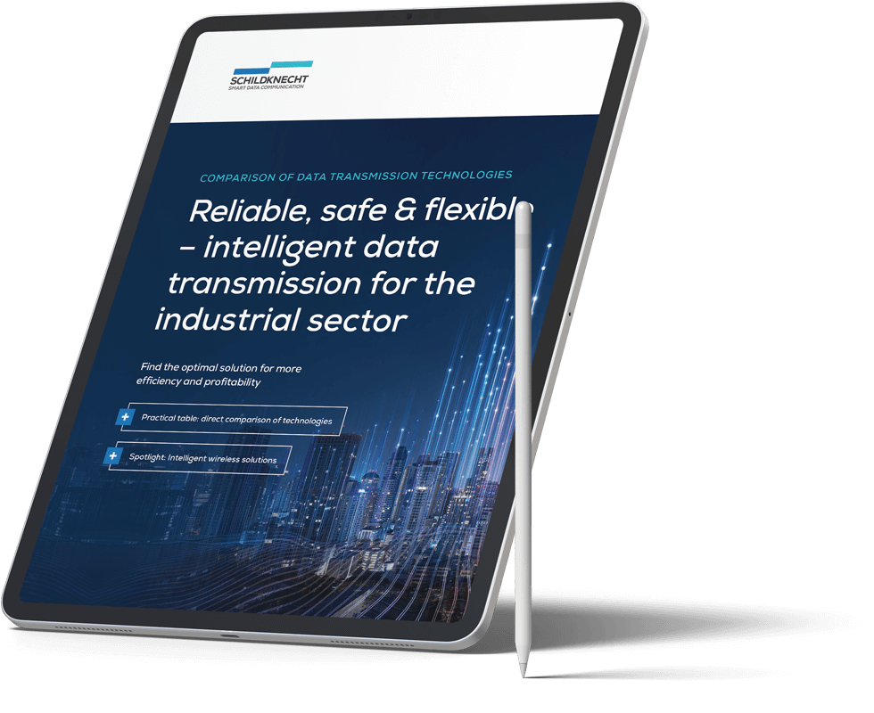 Tablet advertises the download of the white paper “Technologies for data transmission in comparison” by Schildknecht AG.